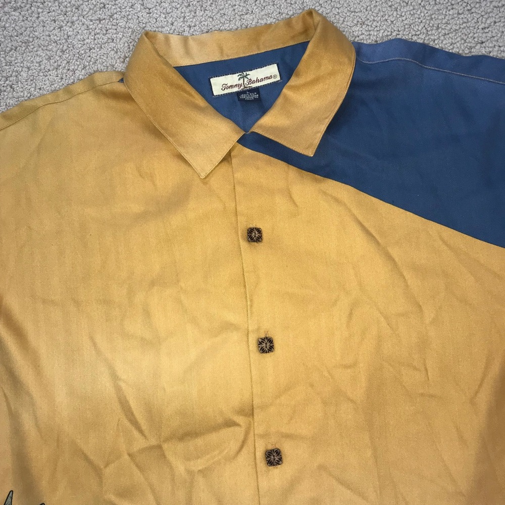 Tommy Bahama Mens Large Silk Camp Shirt Yellow Blue Palm Tree Colorblock Silk